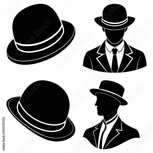 Illustration of bowler hats and men in suits with ties in black and white silhouette style design