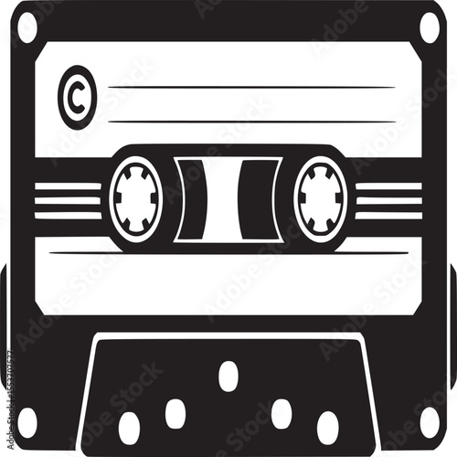 Audio cassette tape vector illustration, music recording technology, retro sound carrier, black and white on transparent background silhouette