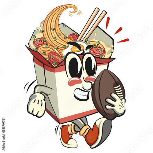 cute chinese noodles box mascot cartoon vector playing rugby or american football, kawaii ramen takeout character with chopsticks, isolated food illustration asian cuisine design, work of hand drawn