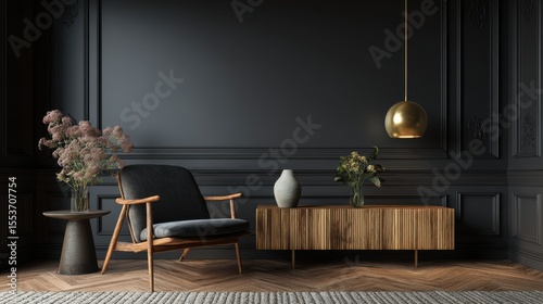 Modern luxury living room interior background, living room interior mockup, interior with black walls, dark interior of living room with black wall, chair, and wooden console,.