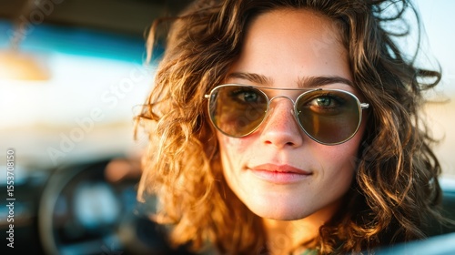 A close-up portrait of a woman with curly hair and sunglasses, exuding confidence and joy as she enjoys a scenic drive during a beautiful sunset, capturing the essence of freedom.