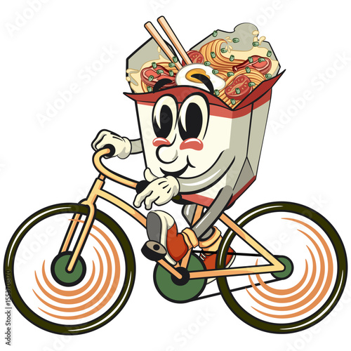 cute chinese noodles box mascot cartoon vector enjoy riding a bike, kawaii ramen takeout character with chopsticks, isolated food illustration asian cuisine design, work of hand drawn