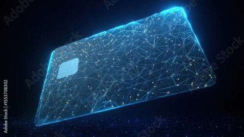 A futuristic glowing low polygonal credit card made of stars, lines, dots, and triangles is isolated on a dark blue background, representing online payment in a modern wireframe.