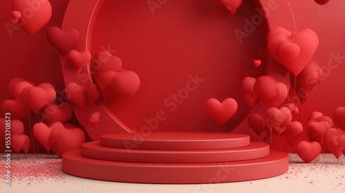 Red podium background for product, Symbols of love for women's holiday, Valentine's Day, 3D rendering.