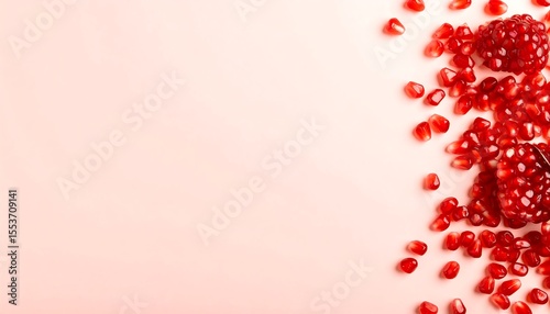 Red Pomegranate Seeds Scattered on a Pink Surface in a Top View Composition