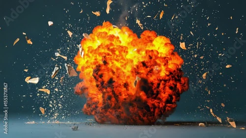 Fiery explosion, debris flying against dark background