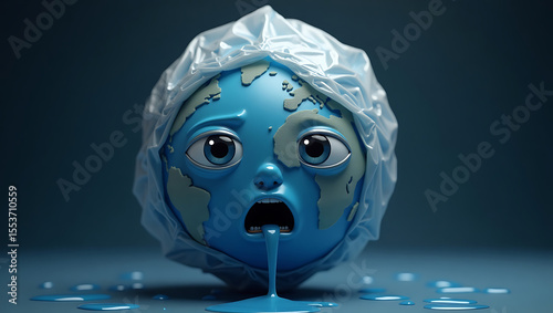 Disturbing 3d illustration, a gasping earth globe suffocating under plastic, emphasizing international plastic bag free day