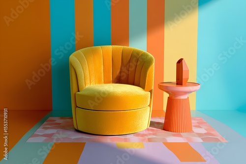 Stylish interior concept illustration mixing modern furniture (plush armchair, sleek table) with retro-inspired striped walls, creating visual energy for home decor applications.