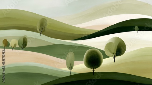 Abstract landscape illustration featuring rolling hills in various shades of green, with stylized trees scattered throughout, creating a serene and harmonious natural scene