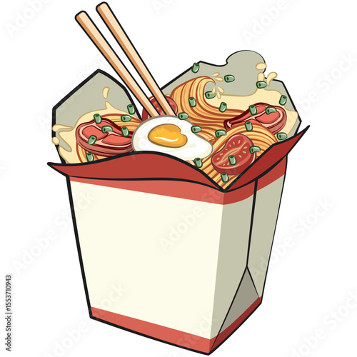 cute chinese noodles box cartoon vector, kawaii ramen takeout with chopsticks, isolated food illustration asian cuisine design, work of hand drawn