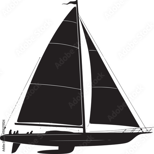Sailing yacht black silhouette vector illustration for nautical theme and marine adventure design element on transparent background