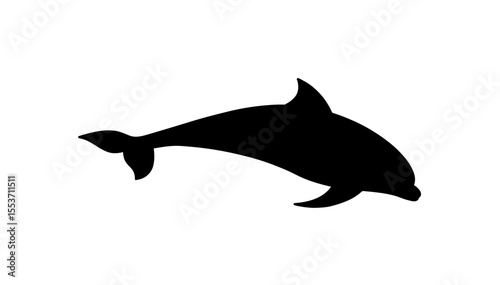 A sleek black silhouette of a dolphin gracefully swimming, depicted in profile view against a white background.