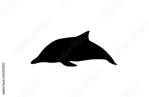 Simple black silhouette of a dolphin swimming.