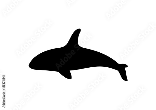A simple black silhouette of a killer whale against a white background.