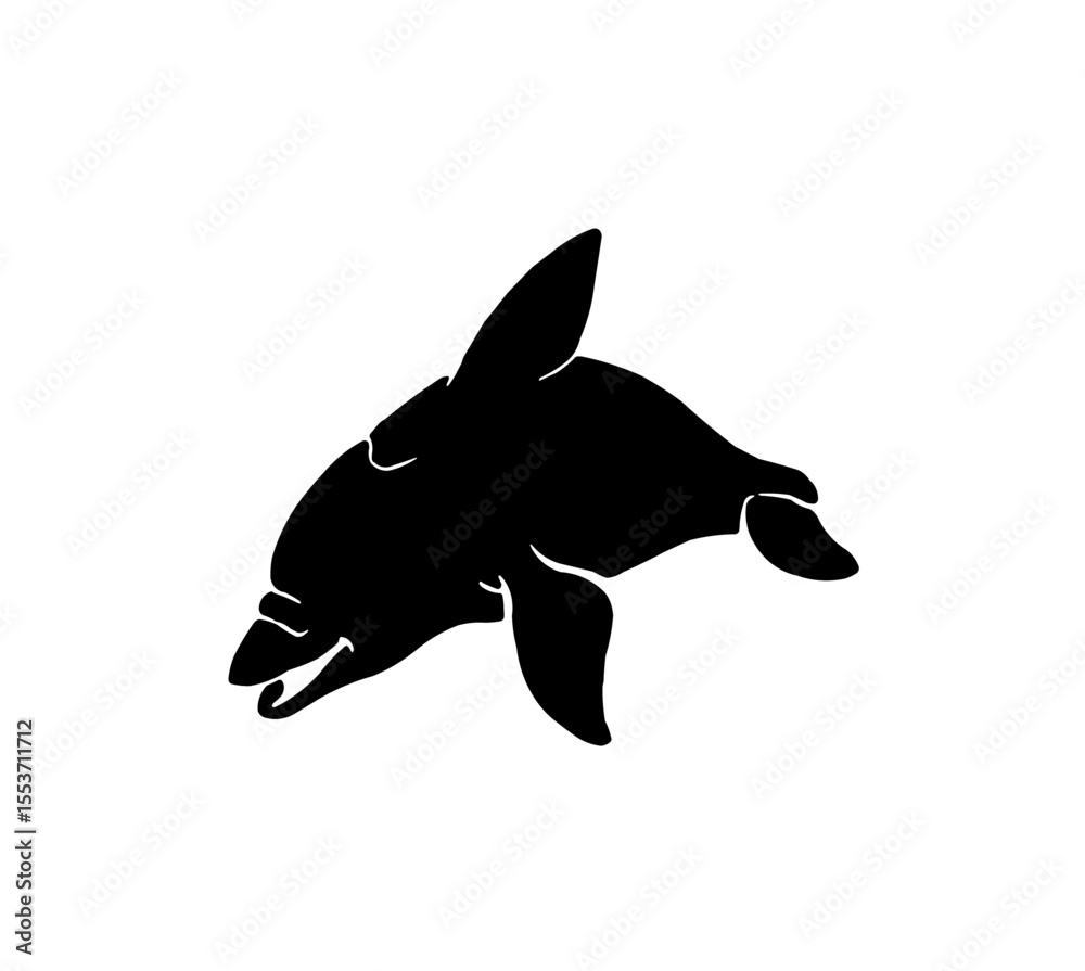 Fototapeta premium A black silhouette of a dolphin swimming, shown in profile against a white background.