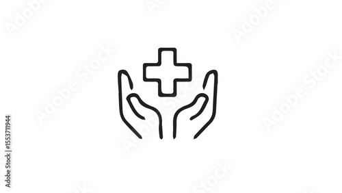 Vector line art icon of two hands holding a plus sign, symbolizing hospital care and medical protection. Ideal for healthcare apps, clinics, wellness branding, and safety infographics.