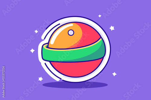 Cartoon planet with red, yellow, and green sections, surrounded by a white outline.