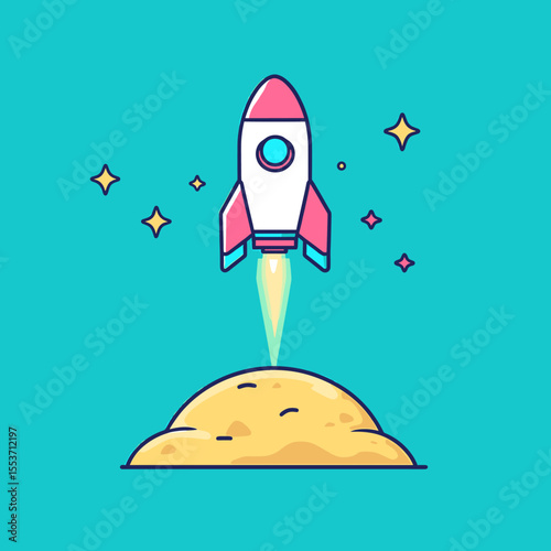 Cartoon Rocket Launching from a Yellow Mound with Sparkling Stars