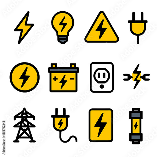 Collection of Colorful Electric Symbols for Power and Energy