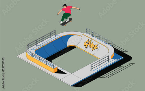 skateboarder mid-air performing aerial trick over colorful graffiti ramp in urban skatepark with safety railings under daylight