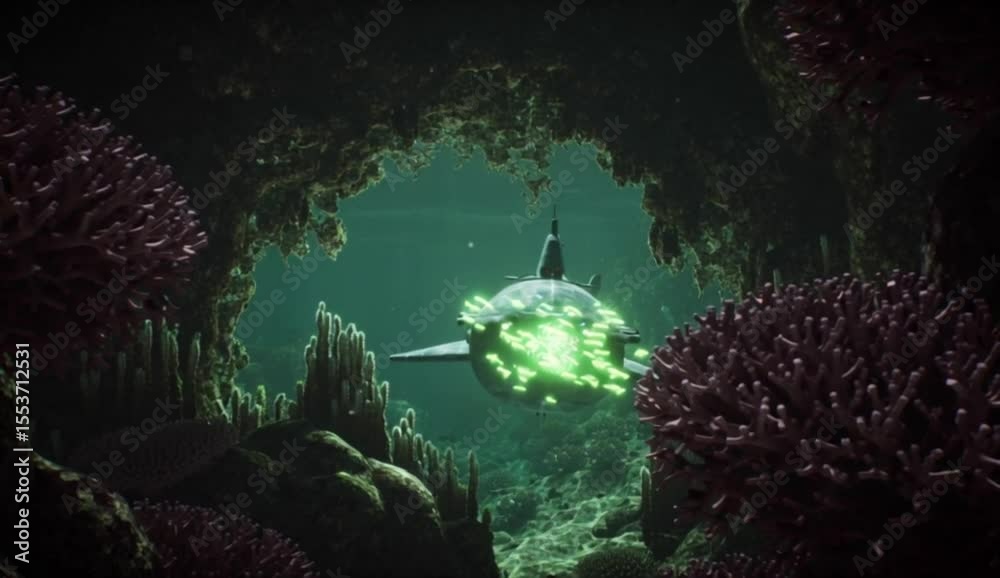 Submarine Exploration Underwater Coral Reef Scene Futuristic ...