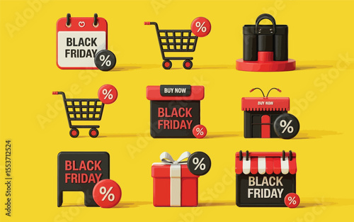 black friday shopping icons set on yellow background with discount tags, gift boxes, carts, and sale signs for retail promotion
