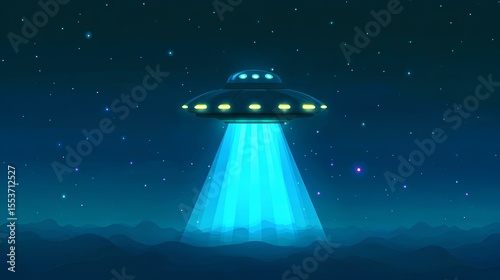 UFO abduction scenario - ominous saucer-shaped craft beams intense column of multicolored light through broken cloud cover onto unsuspecting landscape below.