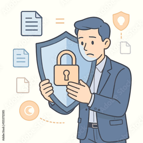 Concerned Businessman Holding Shield and Padlock Symbolizing Data Protection.
