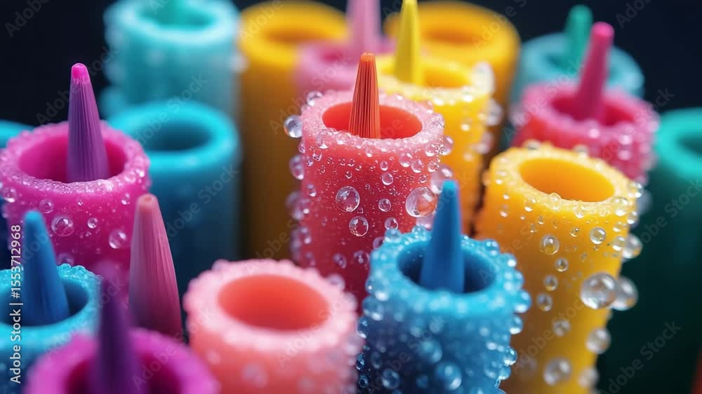 Colorful wax crayons covered in water droplets create a vibrant artistic display on a dark background