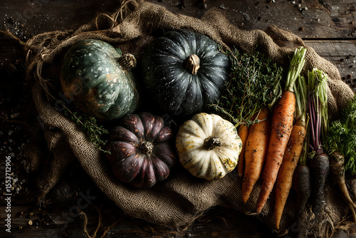 top view of assorted pumpkins colorful carrots and fresh herbs on rustic wooden background autumn harvest seasonal vegetables concept with burlap texture and farm style composition