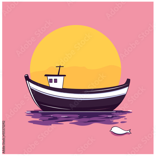 Stylized Fishing Boat Silhouette with Cabin and Small Fish in Water
