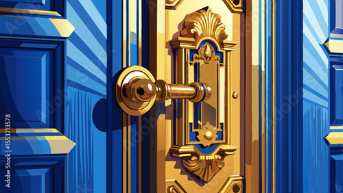 Close up Elegant brass door handle gleams on blue paneled door reflecting outside sunlight  white background