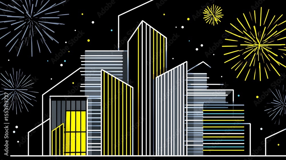 Obraz premium Nighttime festival atmosphere - contemporary illustration of a thriving city illuminated by symmetrical yellow and white firework bursts with radiant light effects.