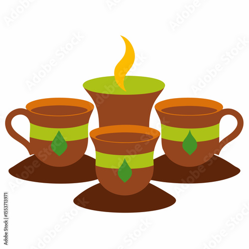 Cozy gathering of three cups and a candle with a warm glow