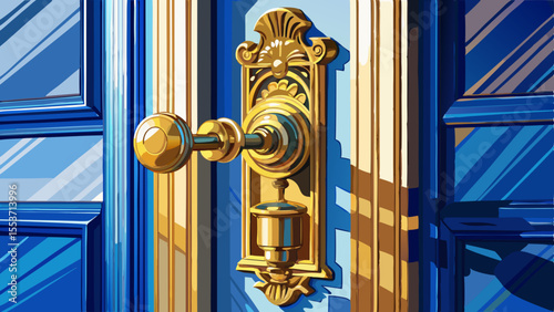 Close up Elegant brass door handle gleams on blue paneled door reflecting outside sunlight  white background