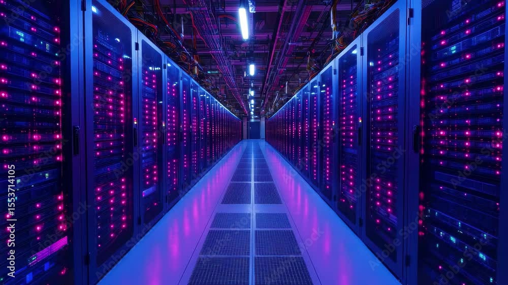 High-tech server room with illuminated racks and intricate wiring at a data center during nighttime operations