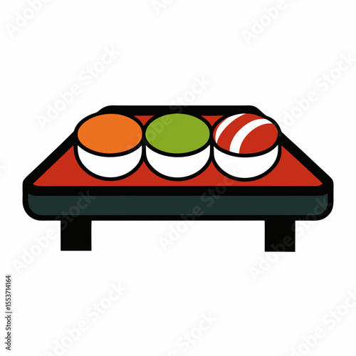 Three colorful sushi rolls on a modern serving tray