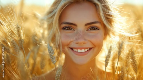 Smiling blonde woman in wheat field with wind in her hair, golden warm tones, natural summer setting, video background for eco lifestyle content, agricultural branding, wellness ads, nature blogs