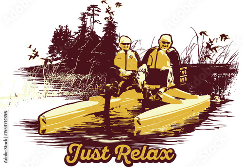  Two happy senior citizens relax on a boat in a calm lake, enjoying a peaceful summer day