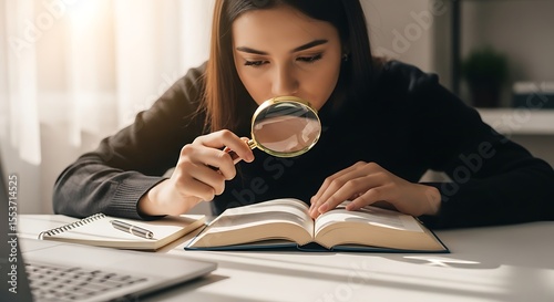 Young visually impaired girl is using magnifying glass to read