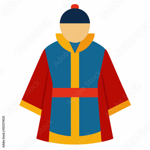 Traditional asian attire with blue robe and red sleeves