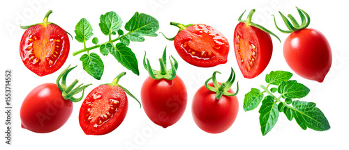 background. Tomato set - whole, cut, half, slice and tomato leaf. Perfect natural tomatoes not AI.