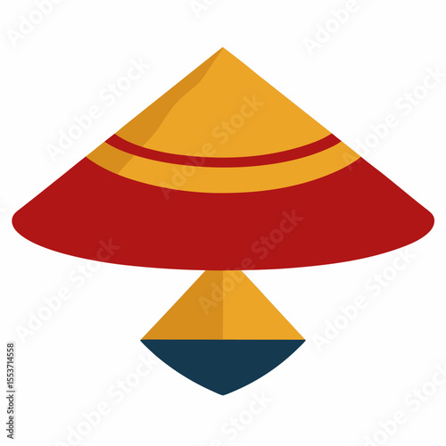 Traditional asian conical hat with red and yellow stripes and a blue base