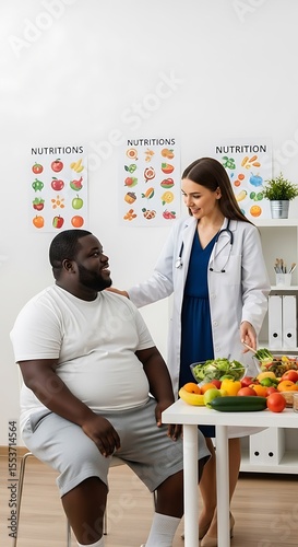  Overweight man talking to a nutricionist about which food is heathy