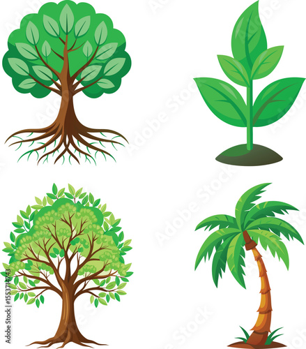 A vibrant green tree with extensive roots is shown growing from fertile dark soil, set against a simple bright white background creating contrast.
