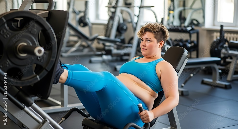 Fototapeta premium Obese woman training at the gym on leg press