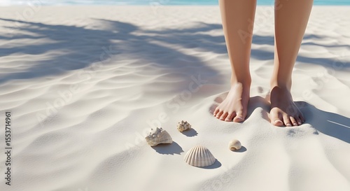 Bare feet on white sand with seashells and palm tree shadows on a bright sunny beach day scene