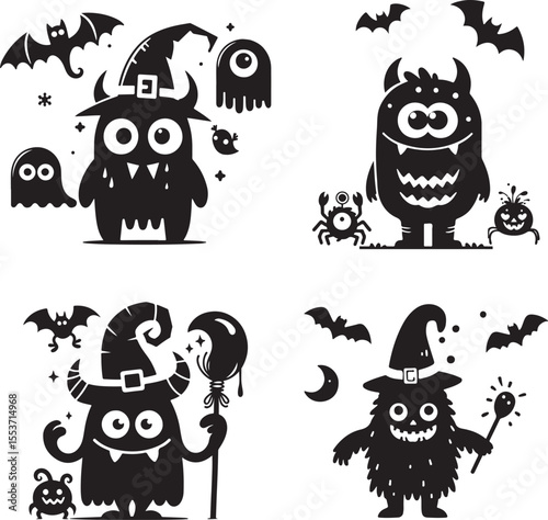 Funny cartoon animal monster icons set for Halloween illustration