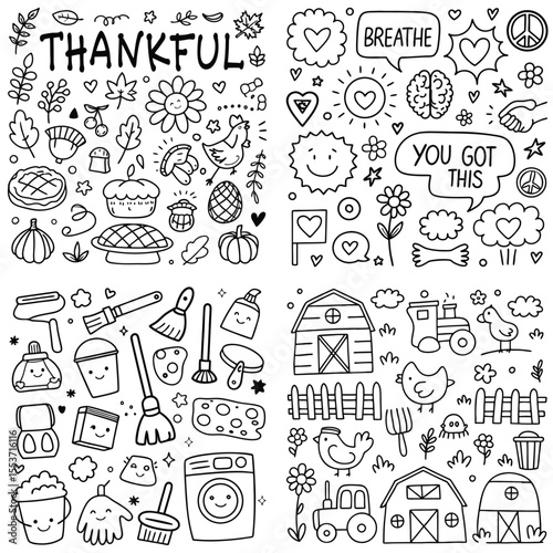 Black and white doodle art of thankful elements and farm scenes