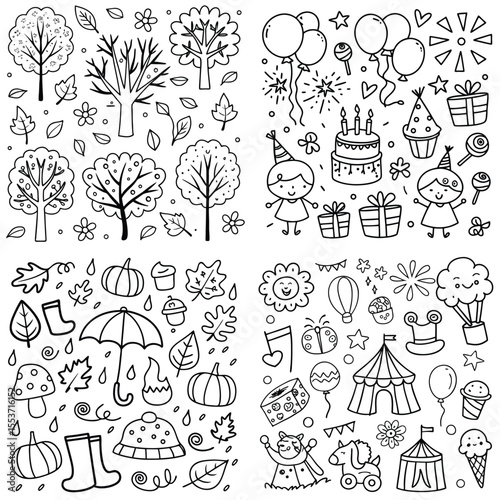 Black and White Doodle Illustration of Trees Balloons Party and Autumn Elements